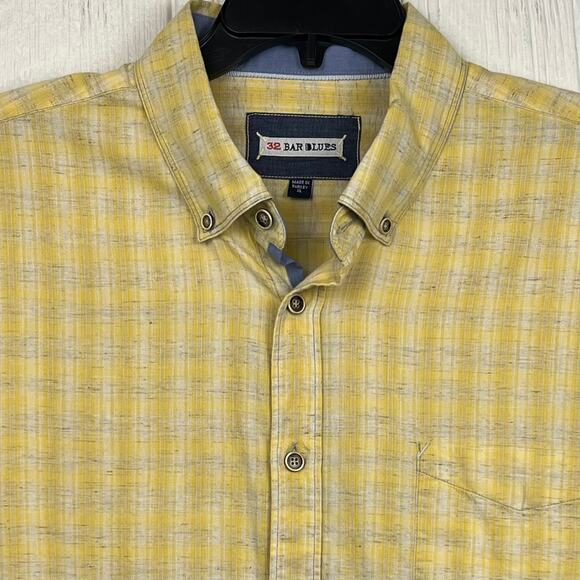 32 Bar Blues Linen Blend shirt mens XL long sleeve button down yellow/gray plaid - Picture 3 of 6